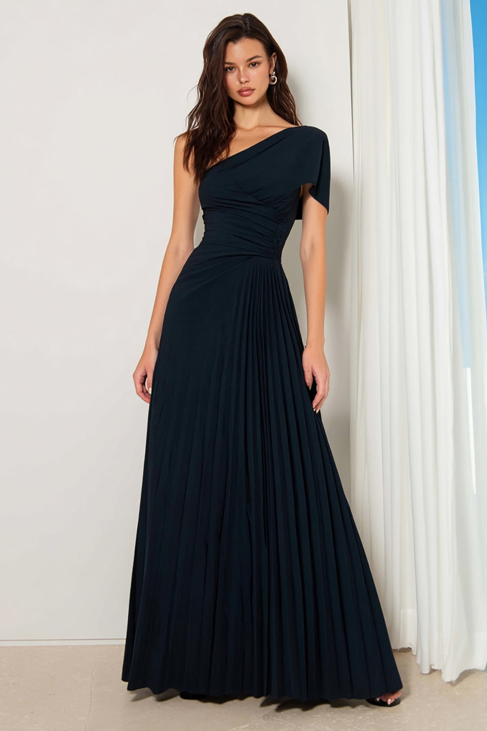 Leely Women Navy Pleated Long Bridesmaid Dress One Shoulder Backless A Line Wedding Guest Dress