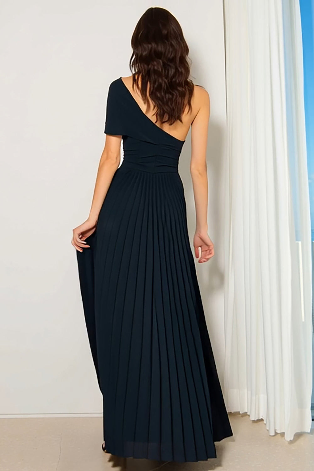 Navy One Shoulder Pleated A Line Long Bridesmaid Dress with Sleeves