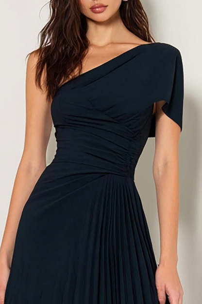 Navy One Shoulder Pleated A Line Long Bridesmaid Dress with Sleeves