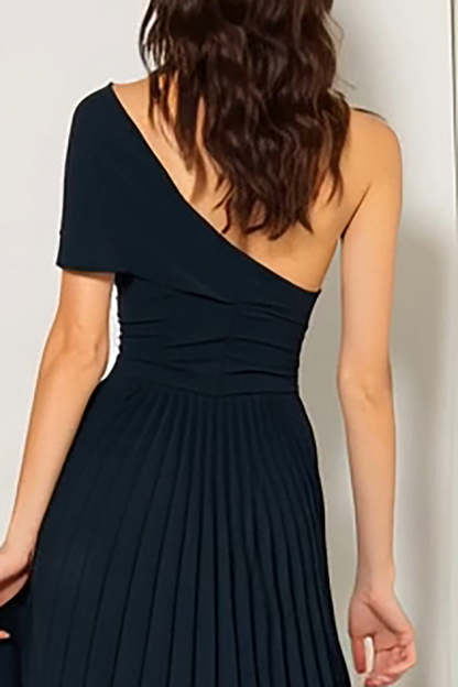 Navy One Shoulder Pleated A Line Long Bridesmaid Dress with Sleeves