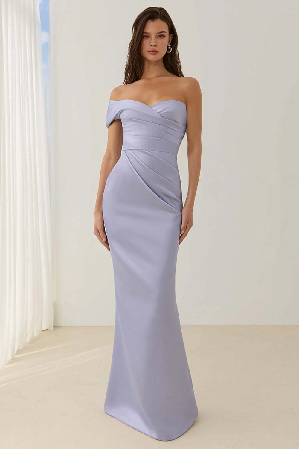 Leely Women Lilac Mermaid Long Bridesmaid Dress One Shoulder Ruched Satin Backless Wedding Guest Dress