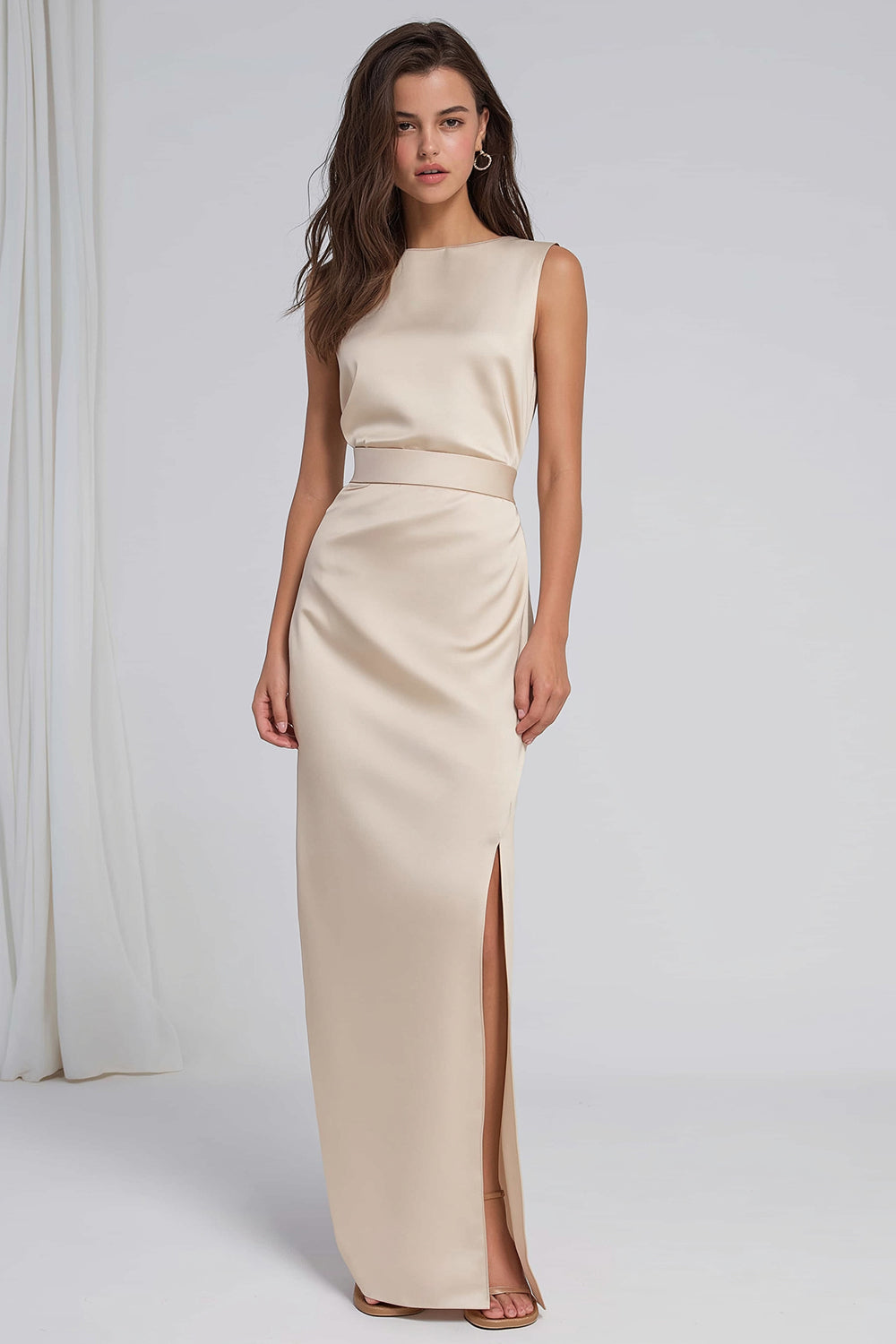 Champagne Bateau Neck Sheath Long Bridesmaid Dress with Slit