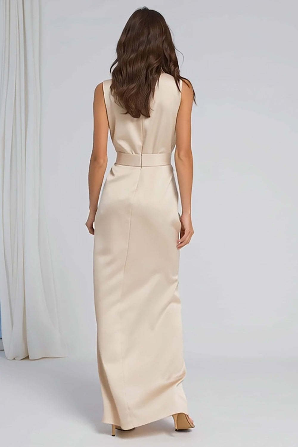 Champagne Bateau Neck Sheath Long Bridesmaid Dress with Slit