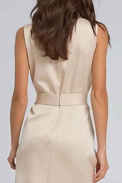 Champagne Bateau Neck Sheath Long Bridesmaid Dress with Slit