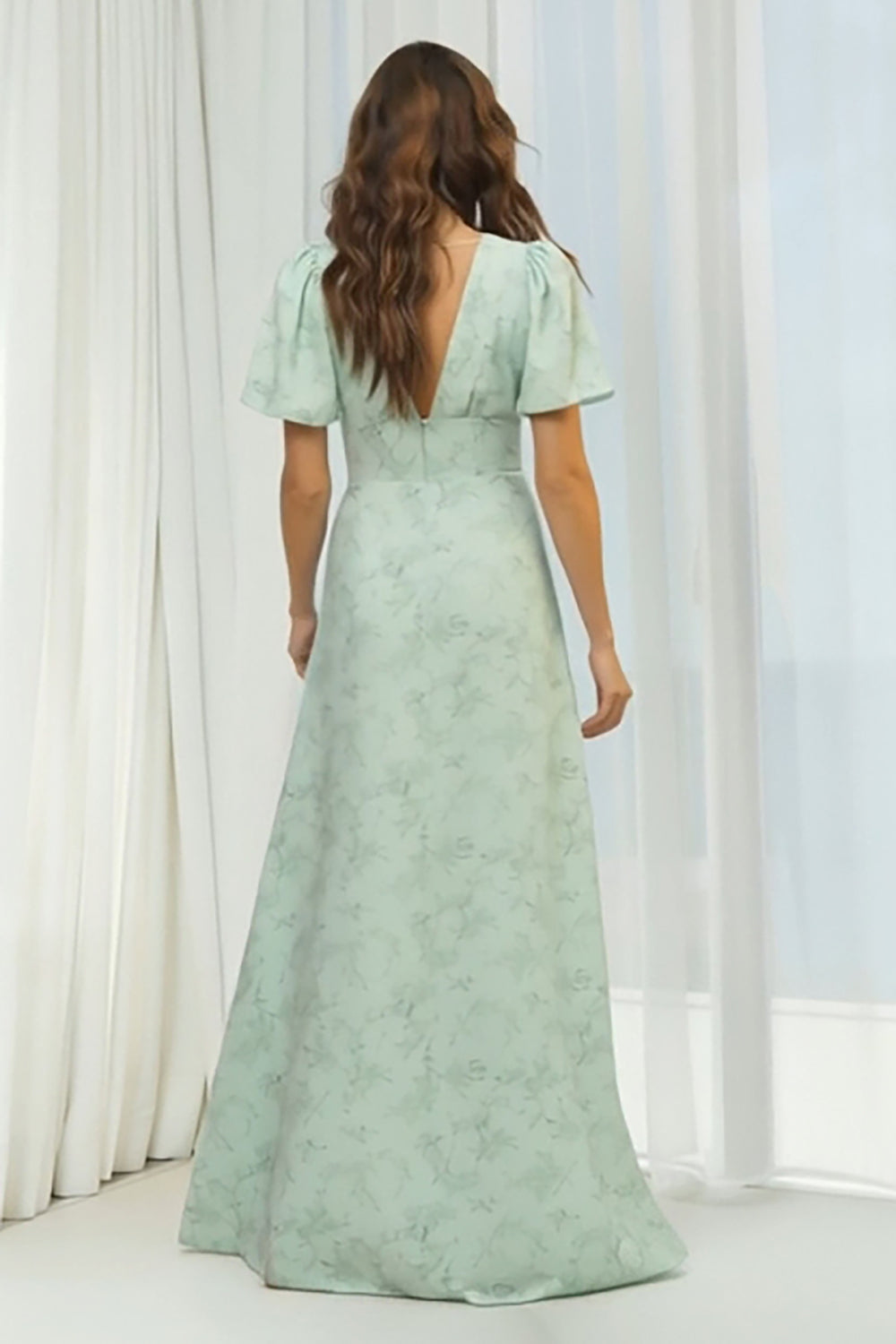 Floral Dusty Sage Sheath V-Neck Long Bridesmaid Dress with Sleeves
