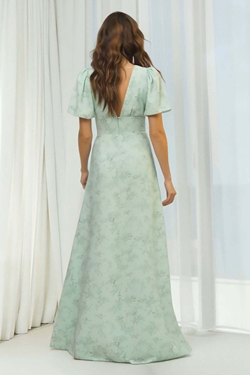 Floral Dusty Sage Sheath V-Neck Long Bridesmaid Dress with Sleeves