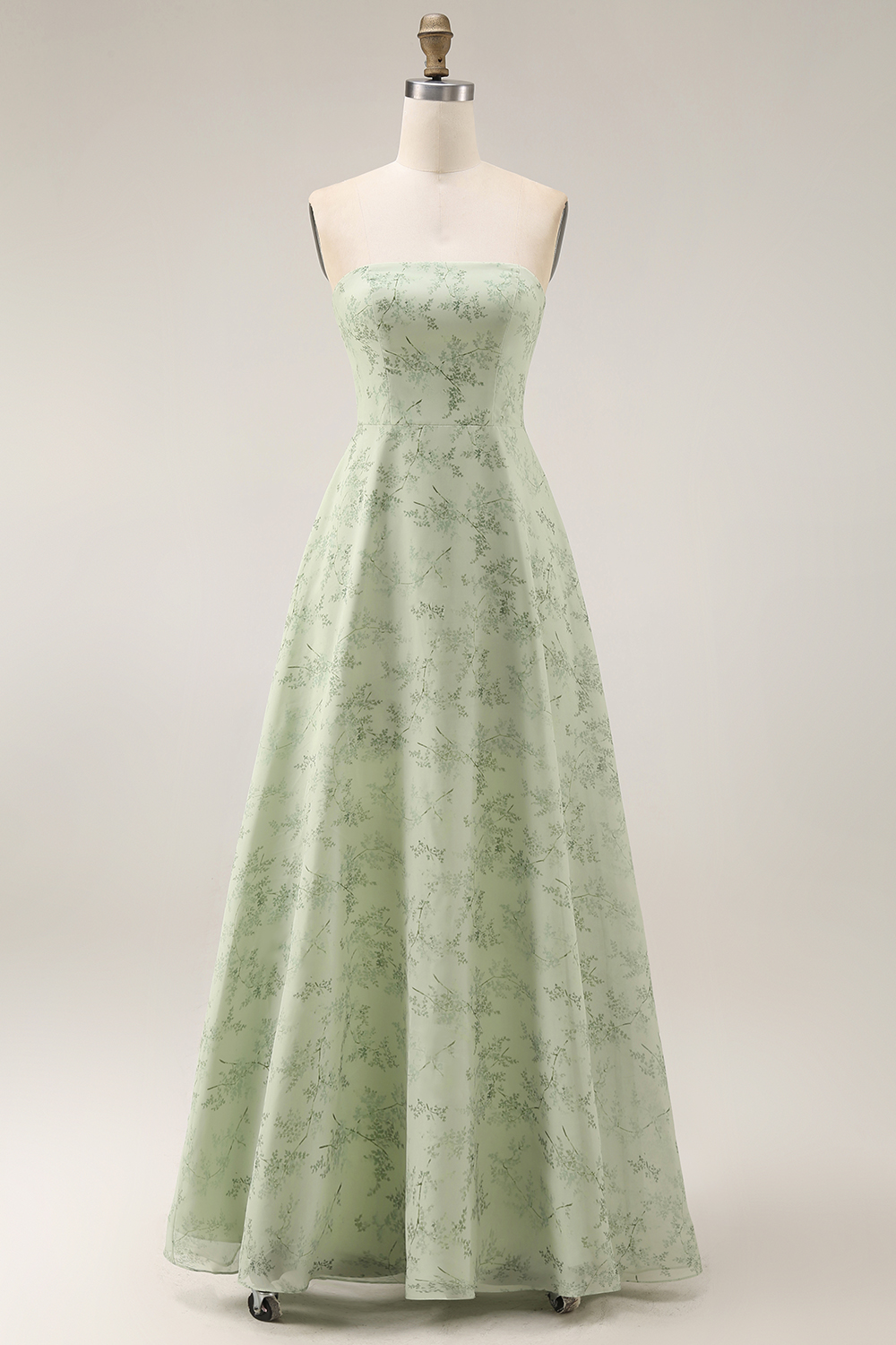 Floral Dusty Sage Strapless Sheath Long Bridesmaid Dress