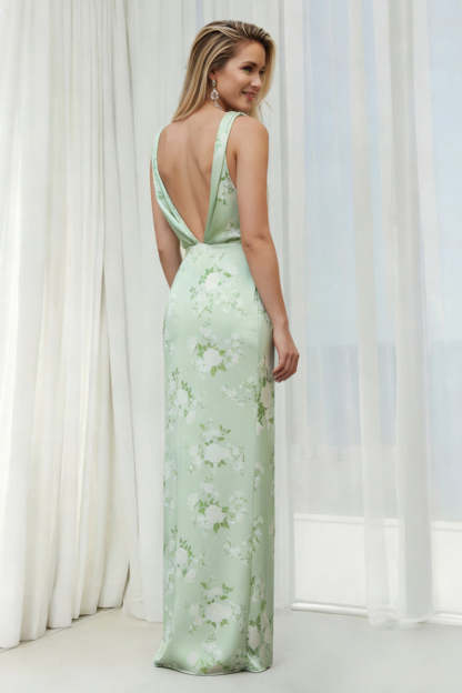 Floral Sage Sheath Backless Long Bridesmaid Dress with Slit