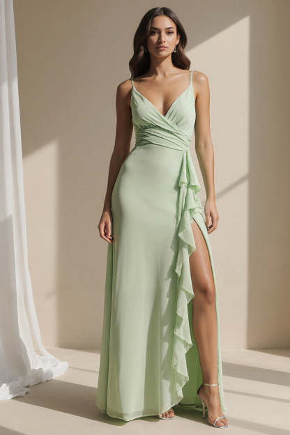 Leely Women Light Green Sheath Maxi Bridesmaid Dress with Slit Ruched Ruffled Spaghetti Straps Backless Wedding Guest Dress