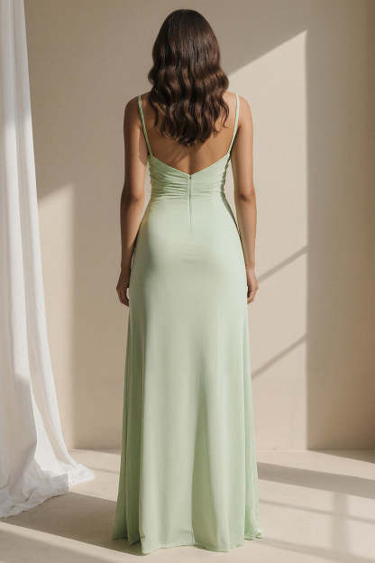 Light Green Ruffled Spaghetti Straps Long Bridesmaid Dress with Slit