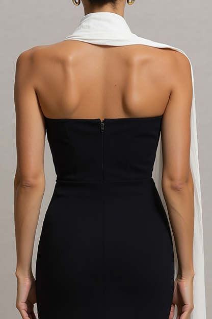 Black and White Neck Scarf Mermaid Maxi Formal Dress