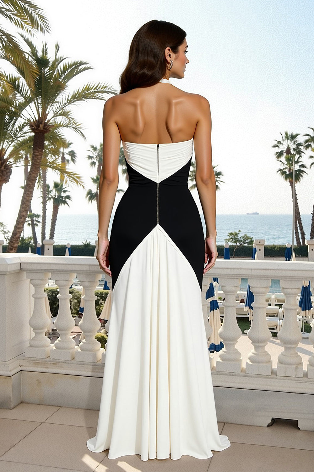 Black and White Sheath Criss Cross Neck Backless Long Formal Dress