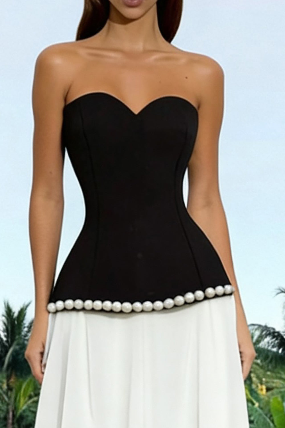 Sparkly Black and White Sweetheart Backless Long Formal Dress with Pearls