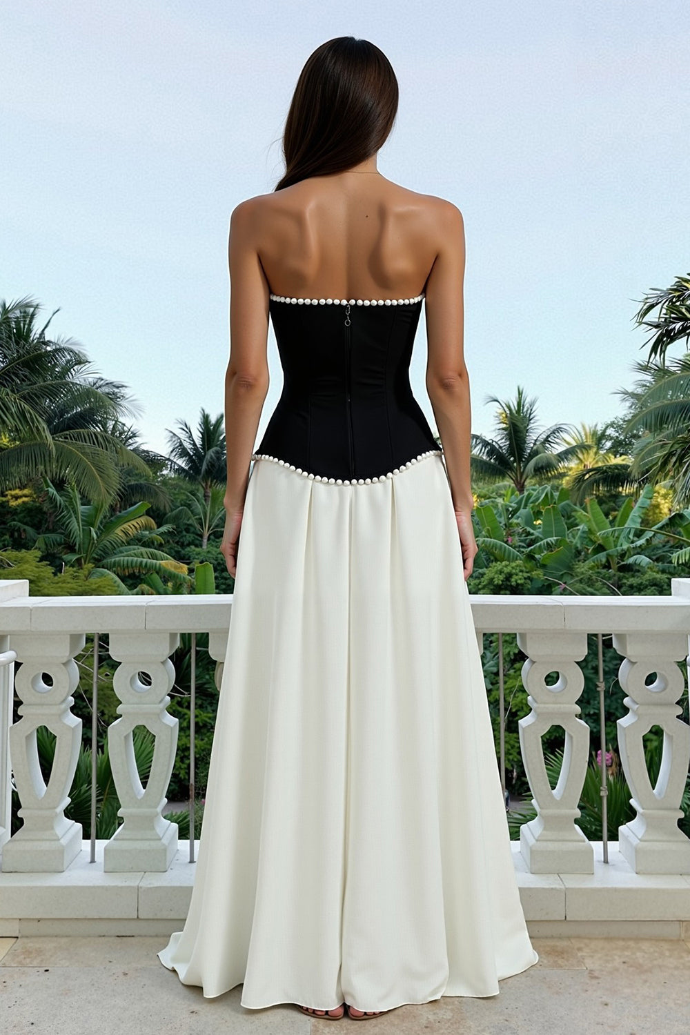 Sparkly Black and White Strapless Maxi Formal Dress with Pearls