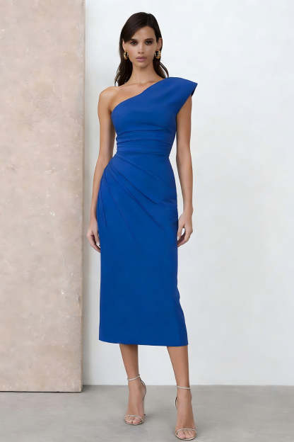 Leely Women Royal Blue Pencil Midi Work Dress One Shoulder Ruched Interview Dress