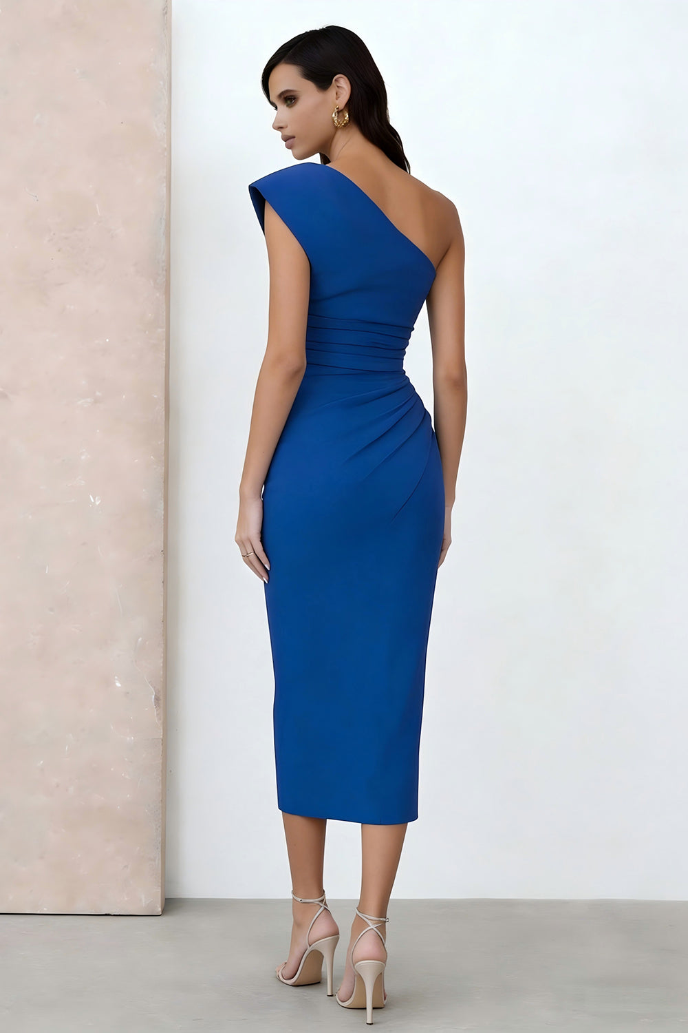 Royal Blue One Shoulder Pencil Ruched Midi Work Dress