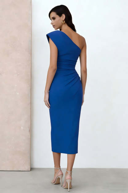 Royal Blue One Shoulder Pencil Ruched Midi Work Dress