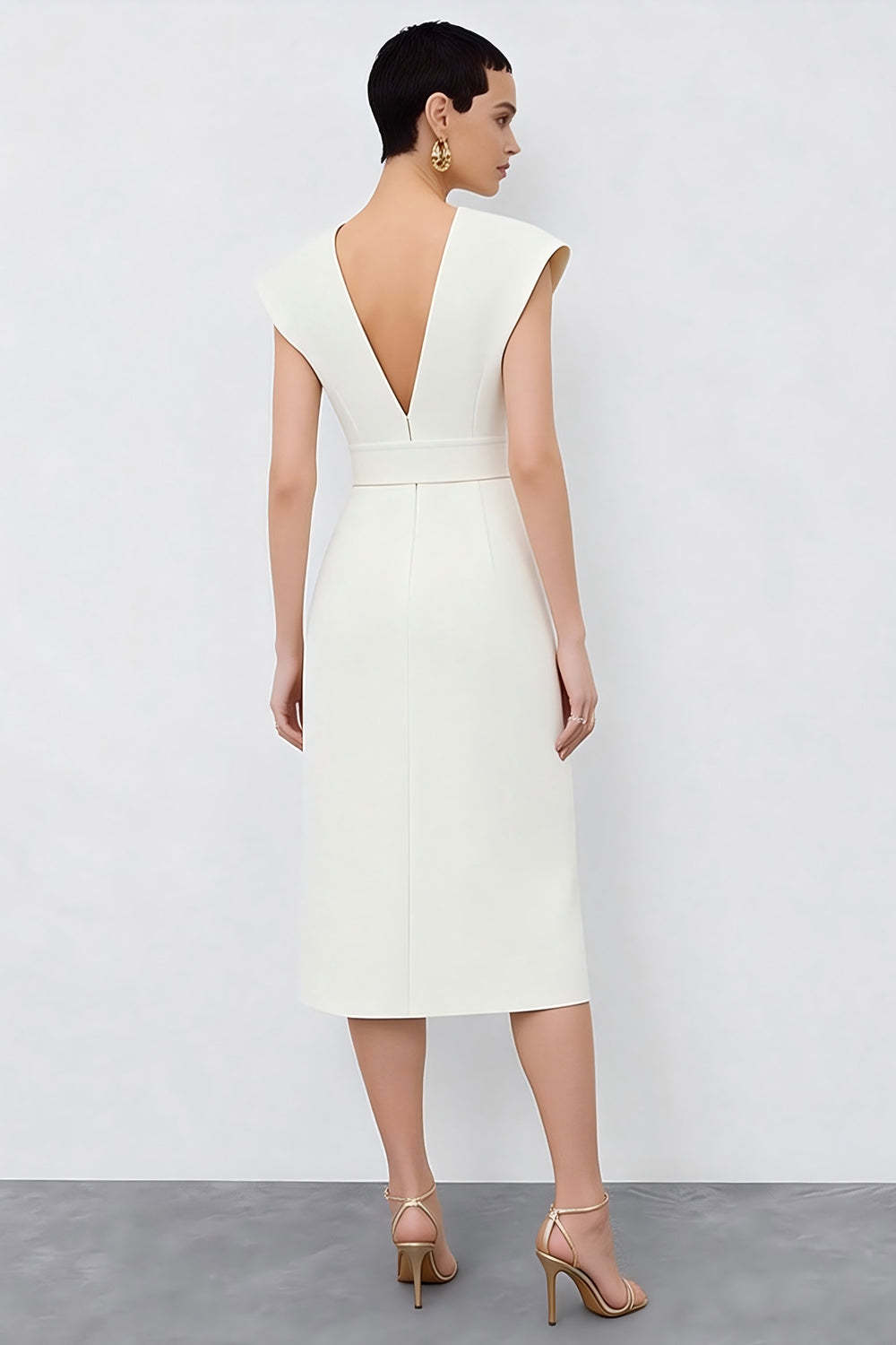 Ivory Pencil Midi V-Neck Cap Sleeves Work Dress with Belt