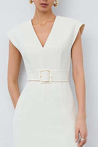Ivory Pencil Midi V-Neck Cap Sleeves Work Dress with Belt