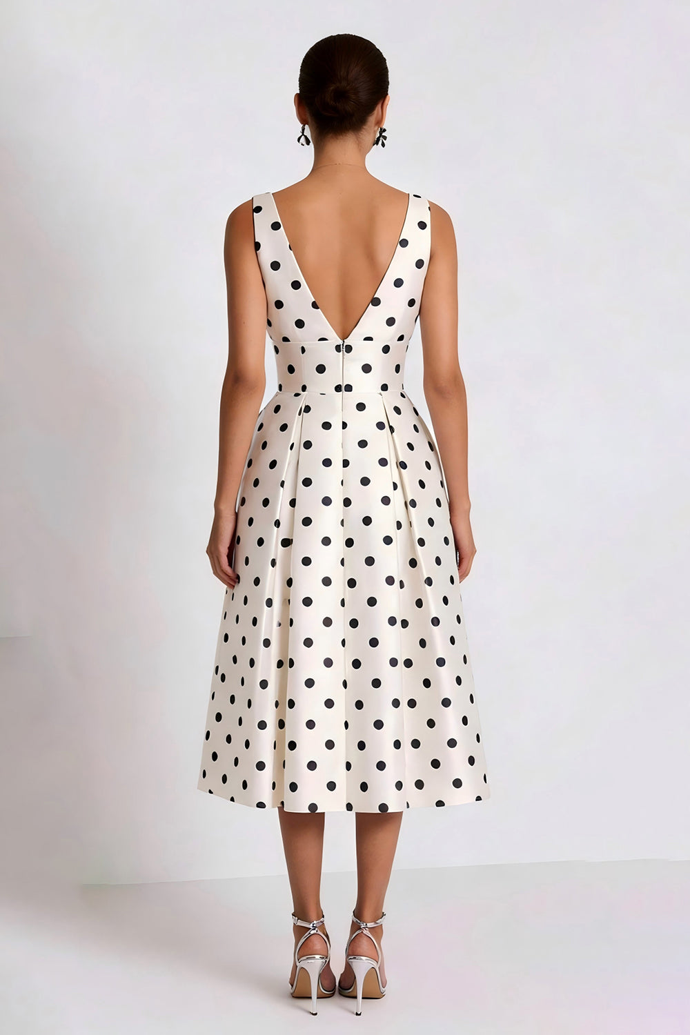 White and Black Polka Dots A Line V Neck Midi Work Dress