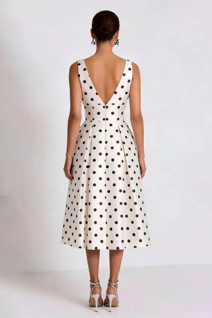 White and Black Polka Dots A Line V Neck Midi Work Dress