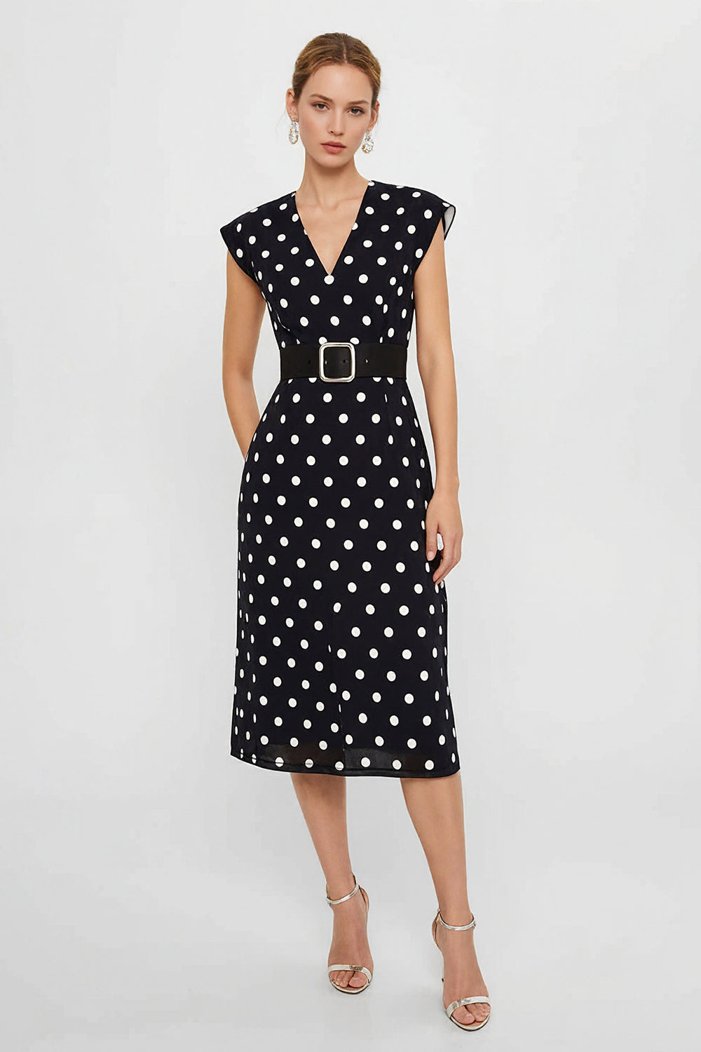 Leely Women White and Black Polka Dots Work Dress Pencil V-Neck Cap Sleeves Midi Business Dress with Belt