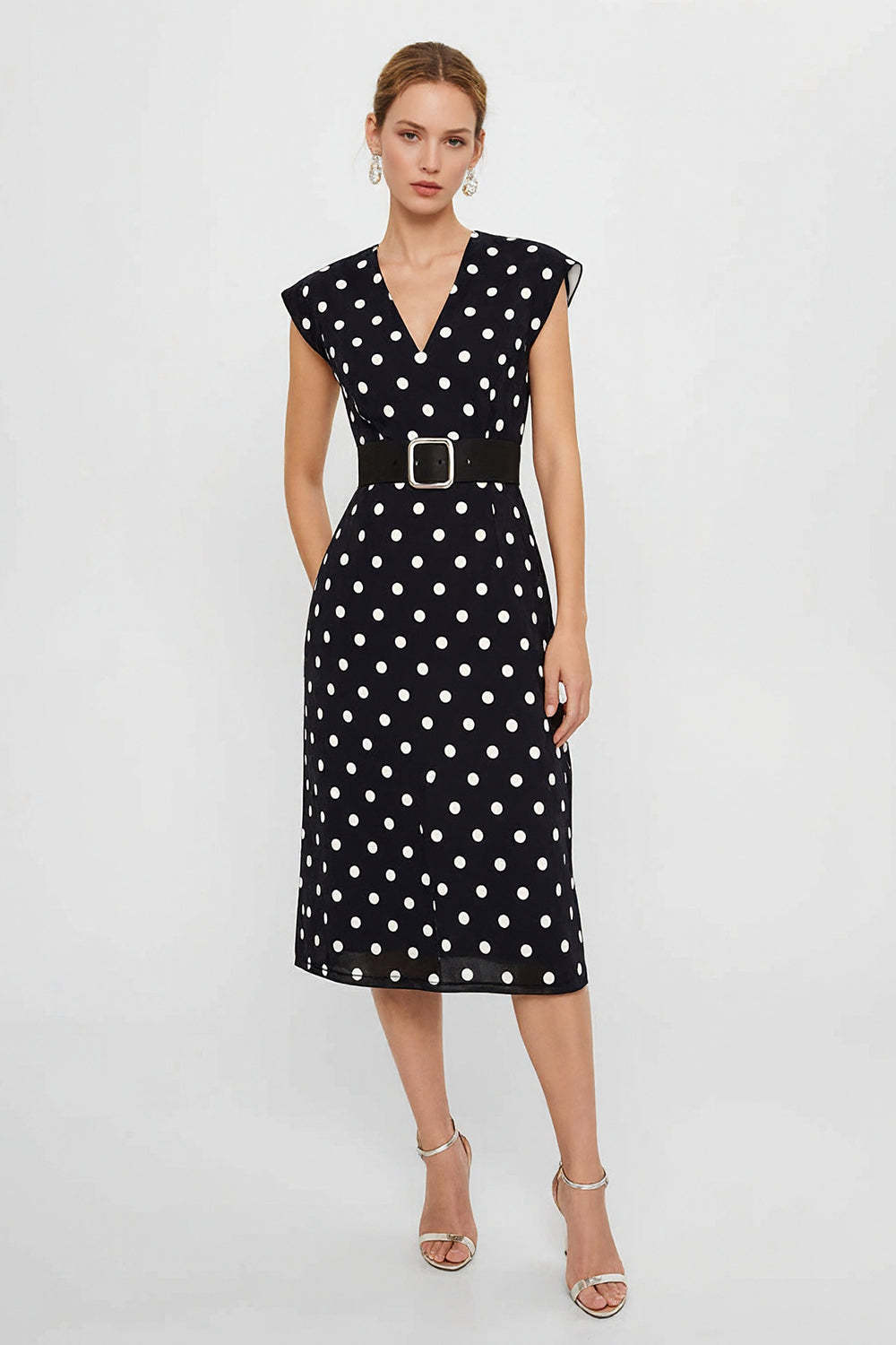 Leely Women White and Black Polka Dots Work Dress Pencil V-Neck Cap Sleeves Midi Business Dress with Belt