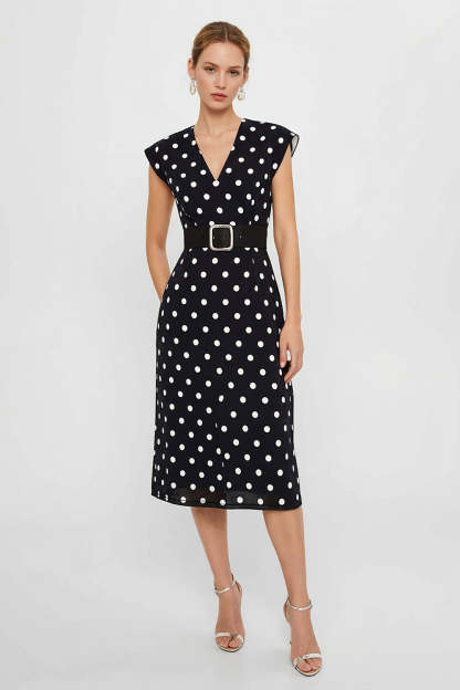 Leely Women White and Black Polka Dots Work Dress Pencil V-Neck Cap Sleeves Midi Business Dress with Belt