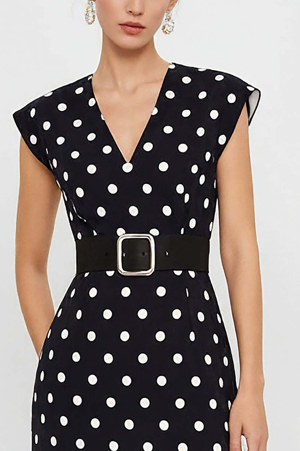 White and Black Polka Dots Pencil Midi Cap Sleeves Work Dress with Belt