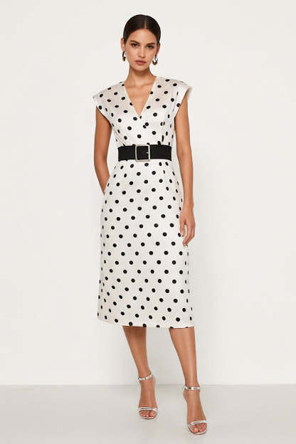 White and Black Polka Dots Pencil Midi Cap Sleeves Work Dress with Belt