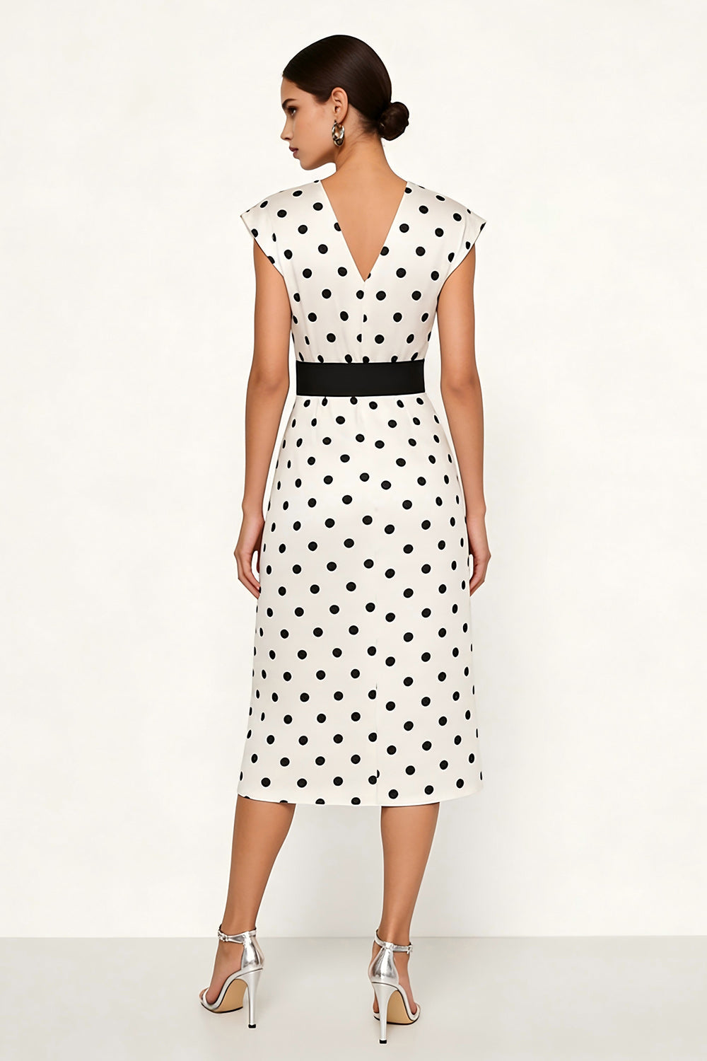 White and Black Polka Dots Pencil Midi Cap Sleeves Work Dress with Belt