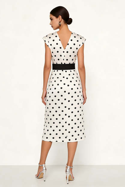 White and Black Polka Dots Pencil Midi Cap Sleeves Work Dress with Belt