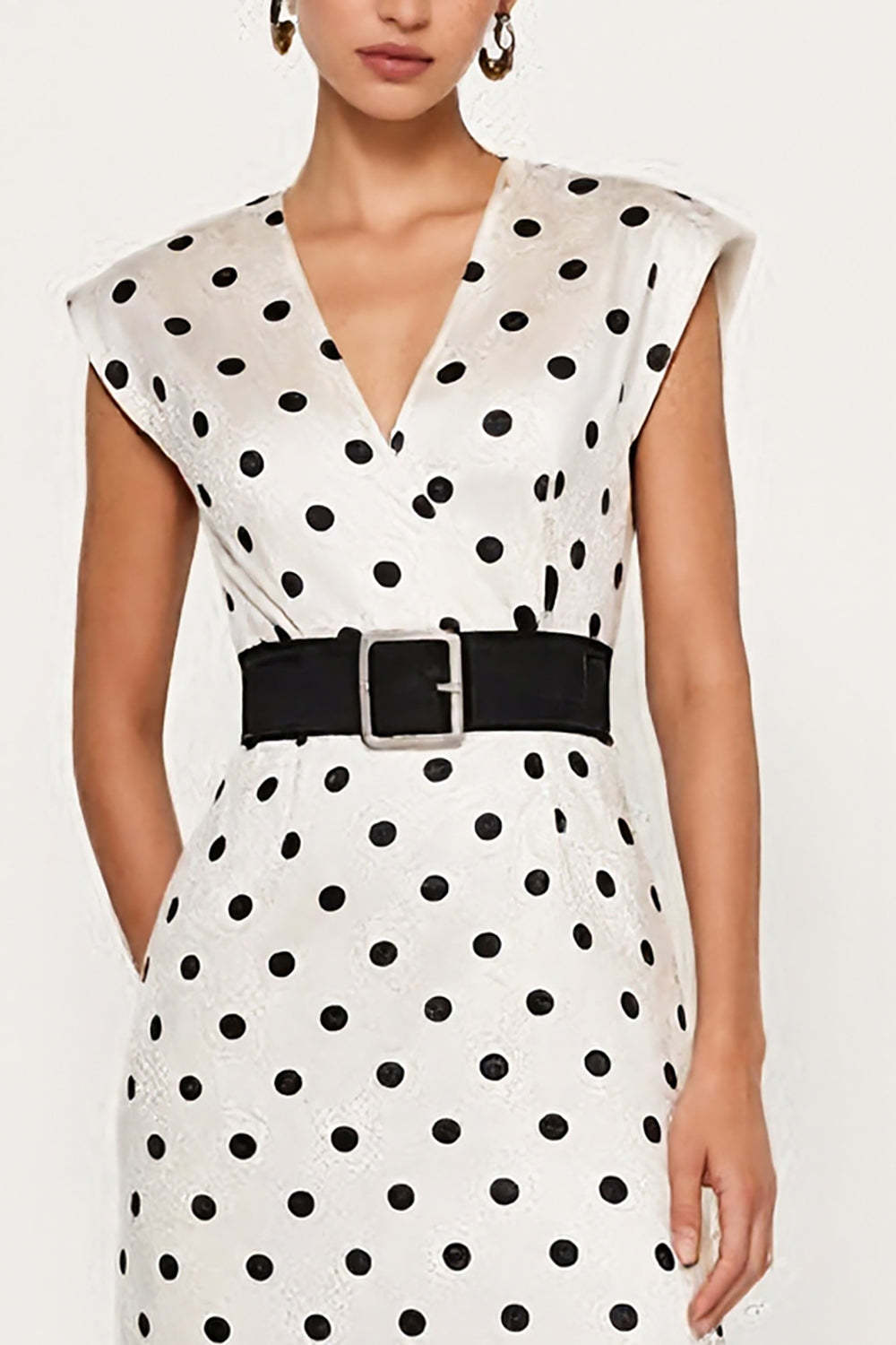 White and Black Polka Dots Pencil Midi Cap Sleeves Work Dress with Belt