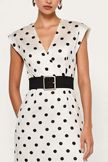 White and Black Polka Dots Pencil Midi Cap Sleeves Work Dress with Belt