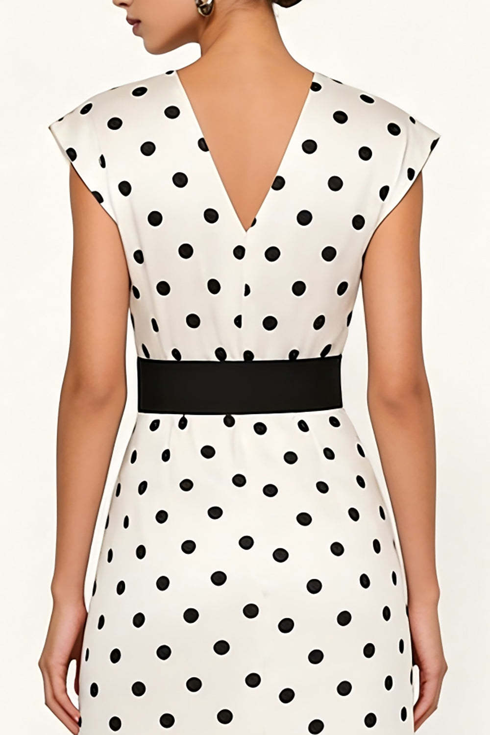 White and Black Polka Dots Pencil Midi Cap Sleeves Work Dress with Belt