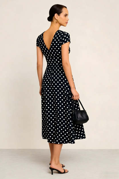 Black and White Polka Dots V-Neck Short Sleeves A Line Work Dress