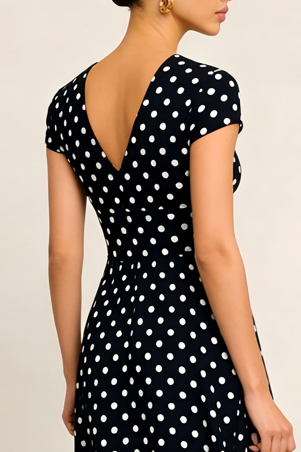 Black and White Polka Dots V-Neck Short Sleeves A Line Work Dress
