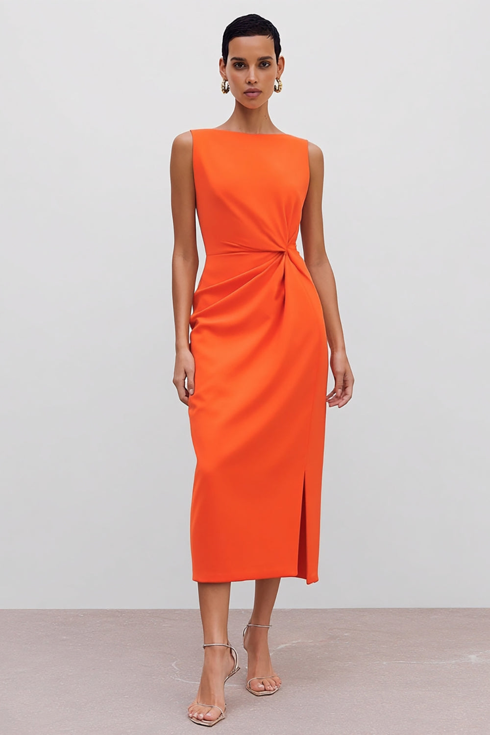 Orange Midi Bateau Neck Sleeveless Ruched Pencil Work Dress with Slit