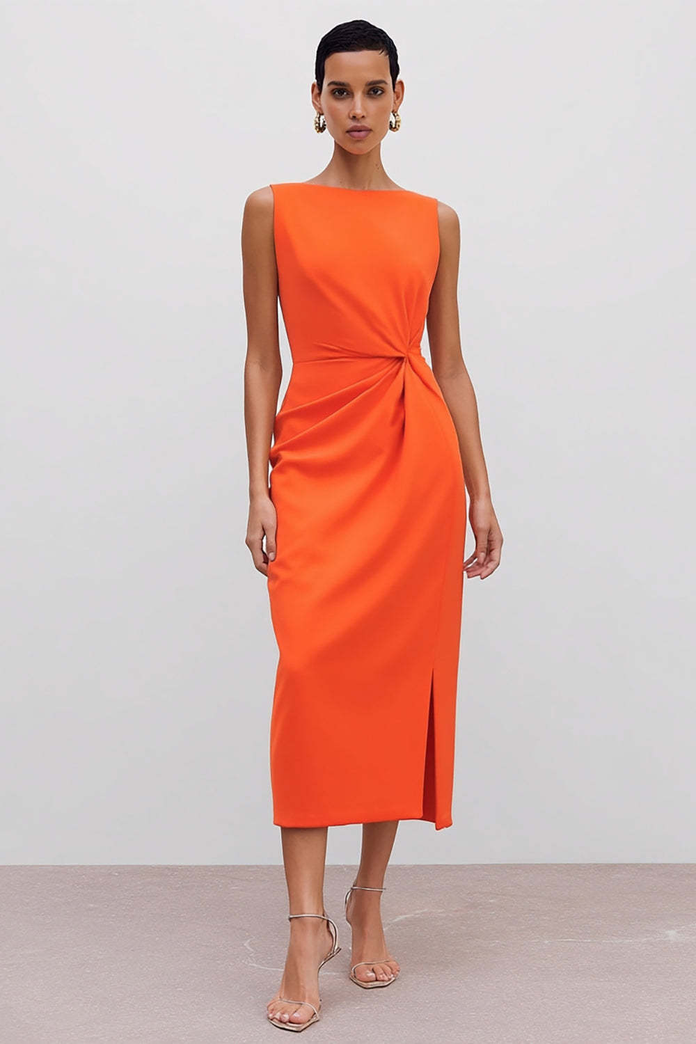 Leely Women Orange Pencil Midi Work Dress with Slit Ruched Bateau Neck Sleeveless Interview Dress