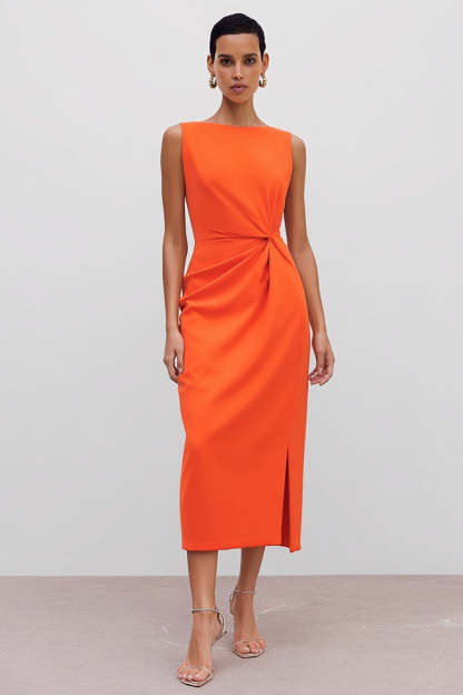 Leely Women Orange Pencil Midi Work Dress with Slit Ruched Bateau Neck Sleeveless Interview Dress