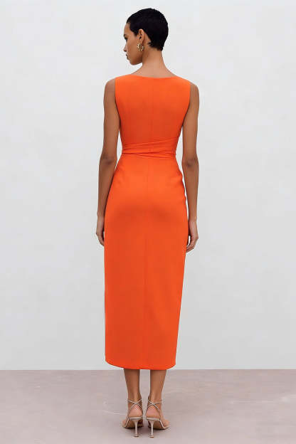 Orange Midi Bateau Neck Sleeveless Ruched Pencil Work Dress with Slit