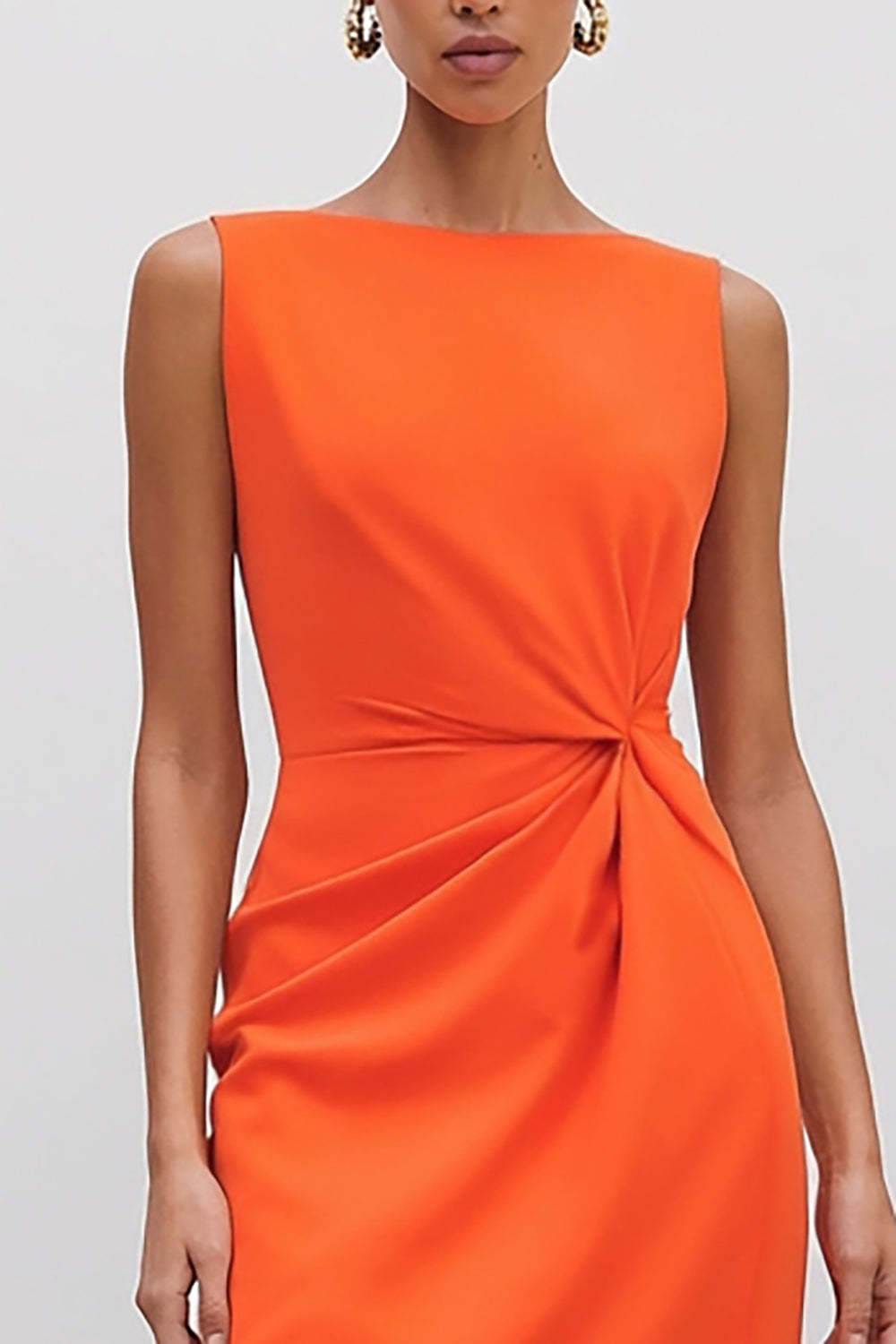 Orange Midi Bateau Neck Sleeveless Ruched Pencil Work Dress with Slit