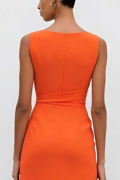 Orange Midi Bateau Neck Sleeveless Ruched Pencil Work Dress with Slit