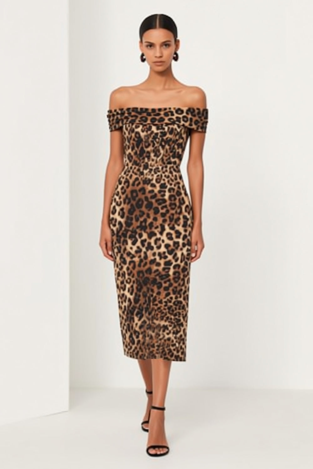 Brown Leopard Print Off the Shoulder Pencil Midi Stylish Work Dress