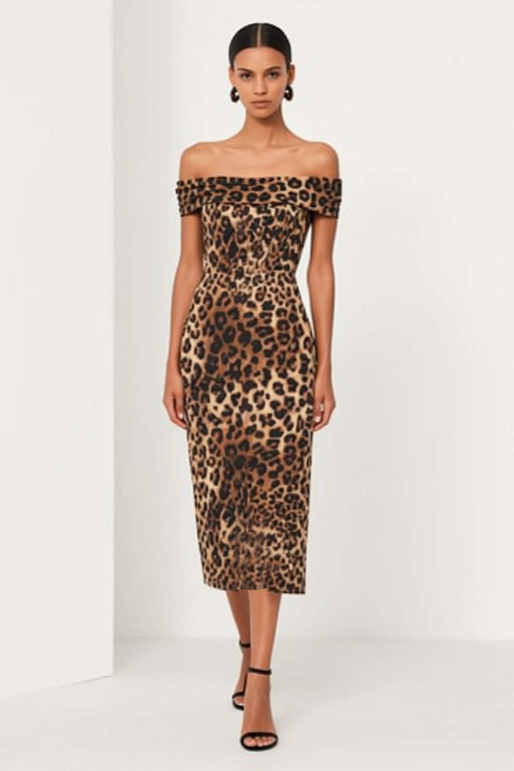 Leely Women Stylish Brown Pencil Midi Work Dress with Slit Leopard Print Off the Shoulder Business Dress