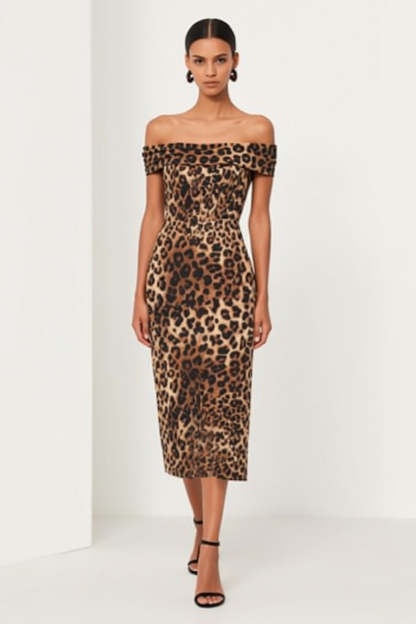 Leely Women Stylish Brown Pencil Midi Work Dress with Slit Leopard Print Off the Shoulder Business Dress