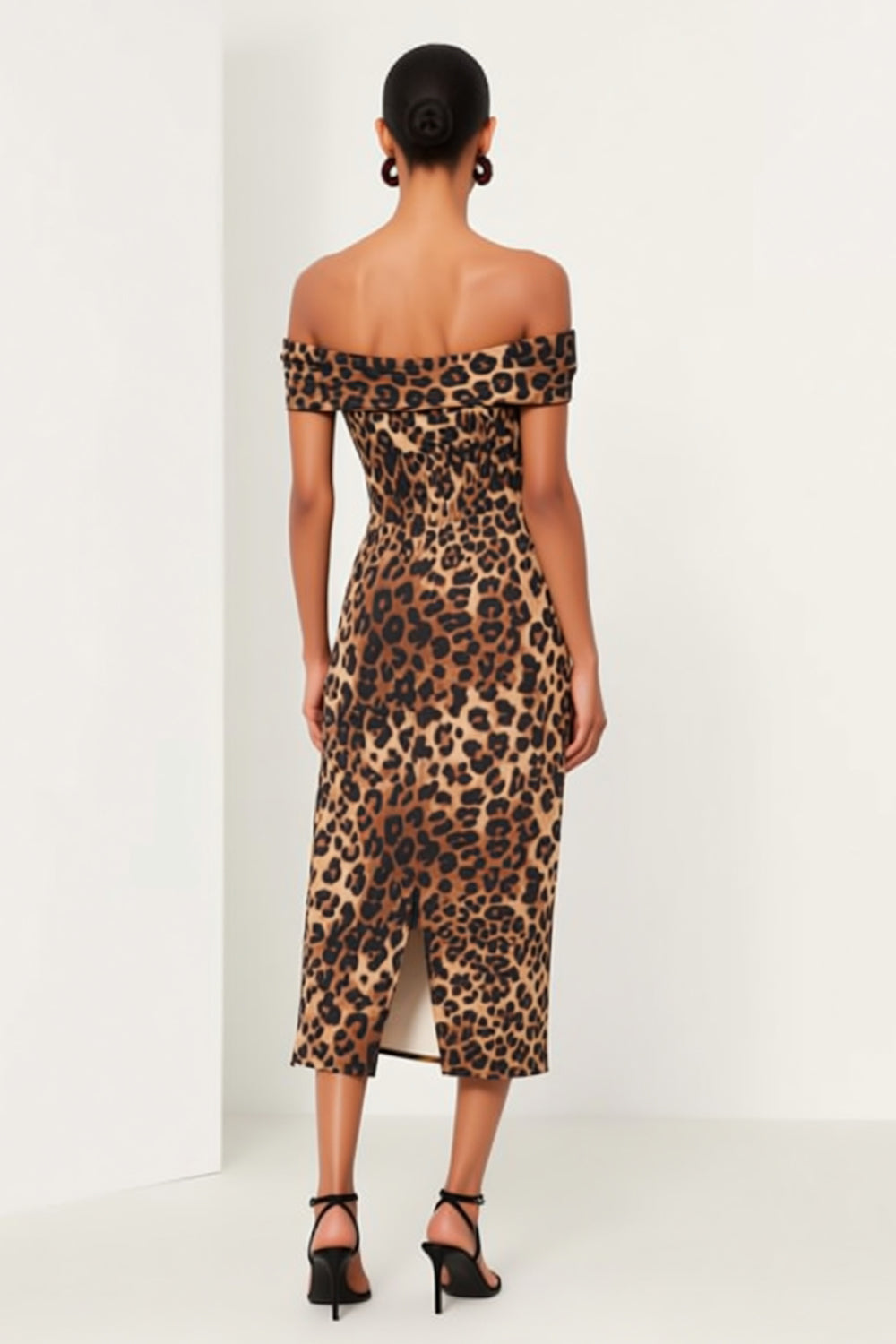Brown Leopard Print Off the Shoulder Pencil Midi Stylish Work Dress