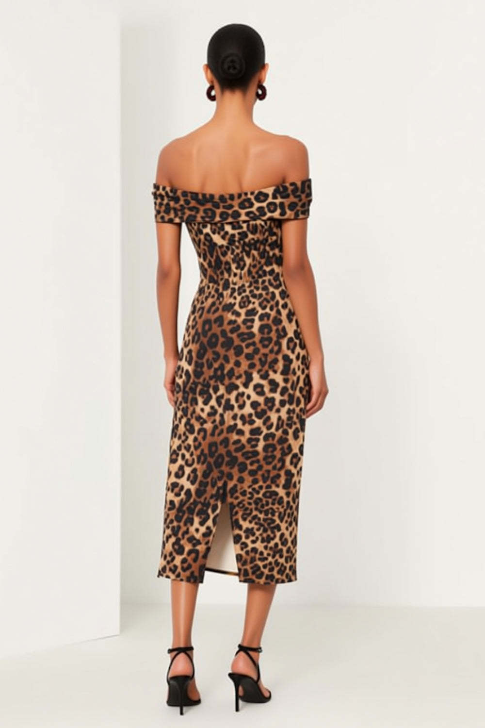 Brown Leopard Print Off the Shoulder Pencil Midi Stylish Work Dress