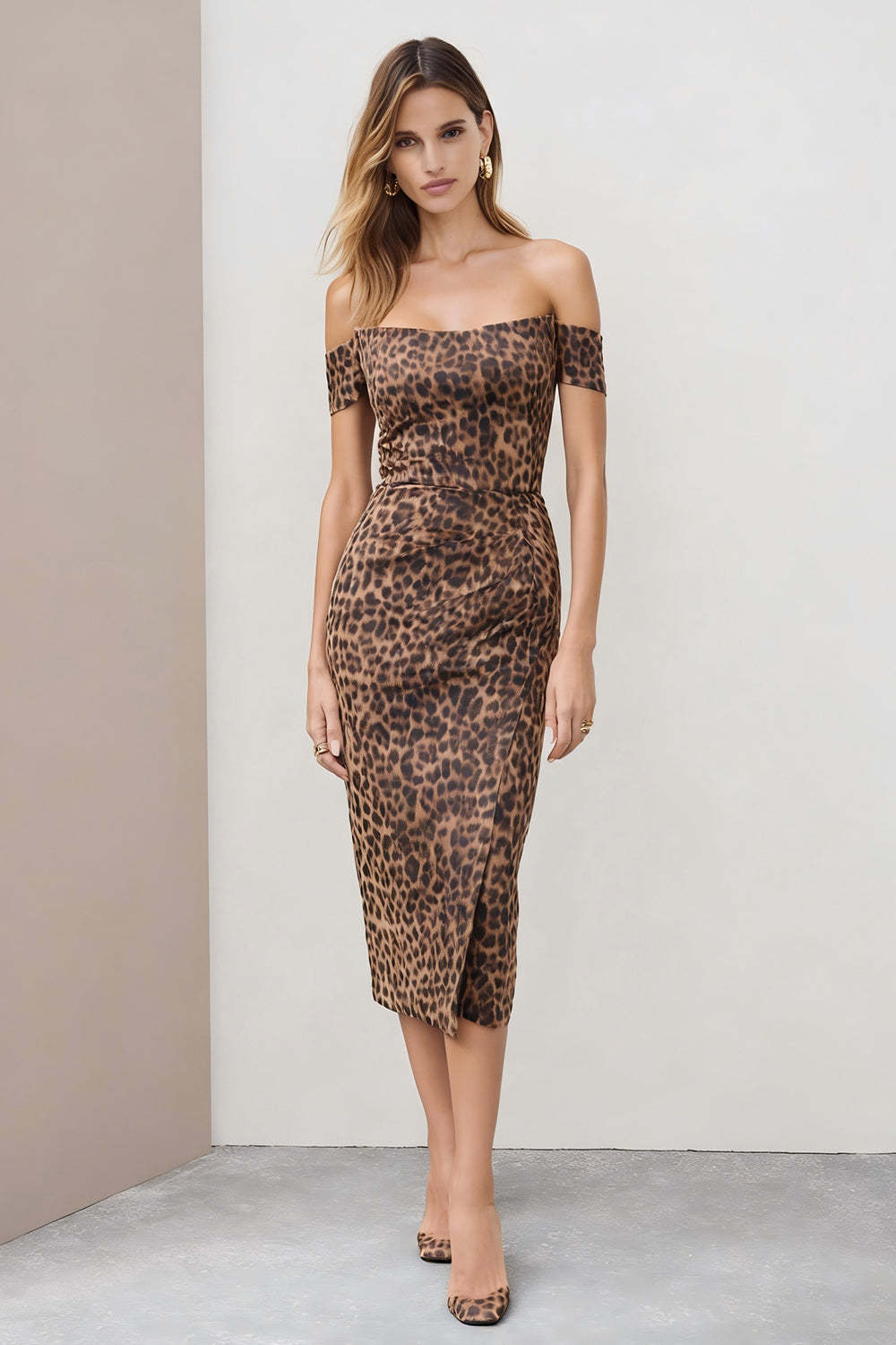 Leely Women Brown Leopard Print Pencil Work Dress with Slit Midi Off the Shoulder Backless Business Dress
