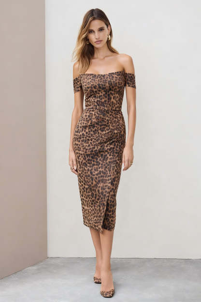 Leely Women Brown Leopard Print Pencil Work Dress with Slit Midi Off the Shoulder Backless Business Dress